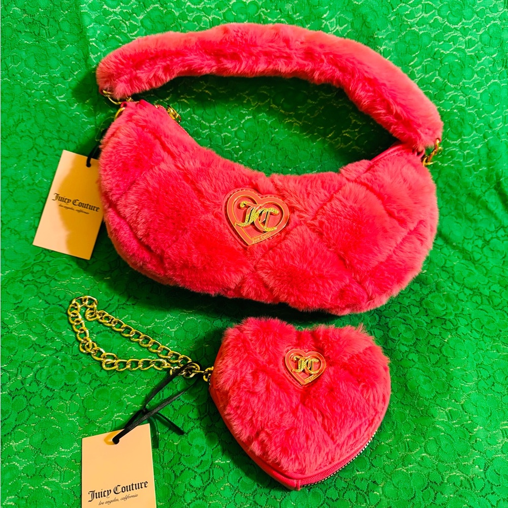 Juicy Couture Vibrant Pink Faux Fur Shoulder Bag with Coin Purse